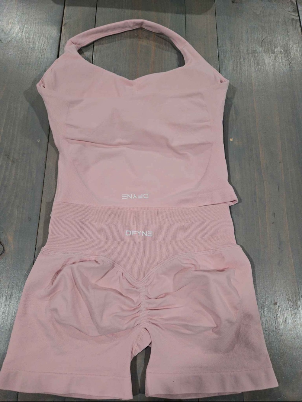 Dfyne Women's Pink Seamless Halter Crop Top & High-Waist Shorts Set s m l - Picture 2 of 5